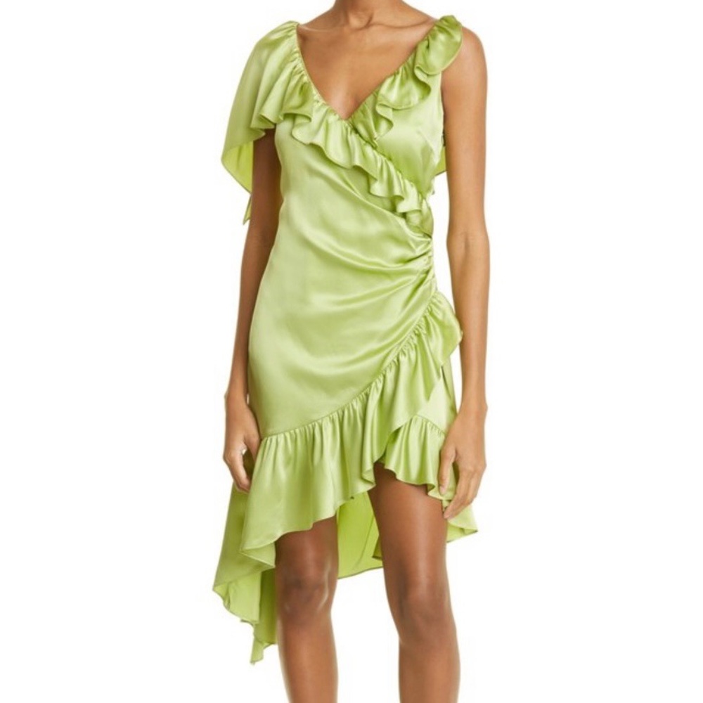 Cinq à Sept Pear Green Petunya Silk Ruffle Dress